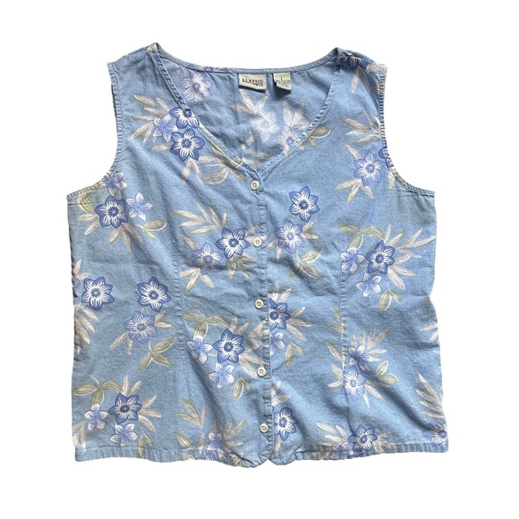 Vintage 90s Floral Cotton Button Down Tank - Blue Large - Picture 1 of 2